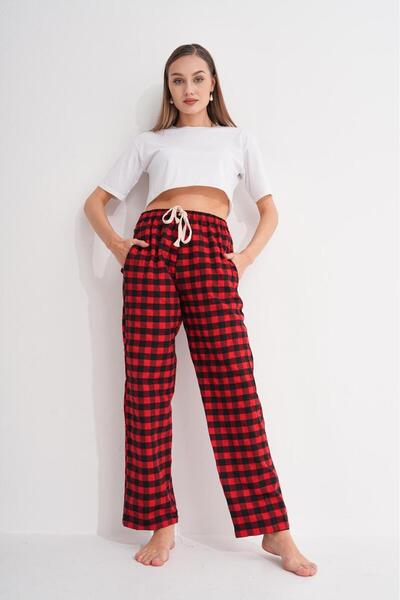AHE Kırmızı unisex Kareli Pantolon Ekose