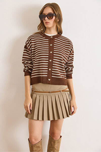 Olalook Women's White Coffee Color Stripe Detailed Bicycle Cardigan Knitwear Cardigan Hrk-19000412