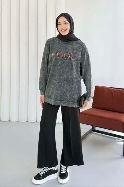 Hatun Atila Crew Neck Embroidered Front Washed Tunic 8920 - Black