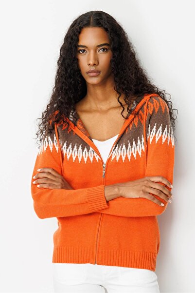 Desen Triko Women's Hooded Robe Argyle Cardigan Orange