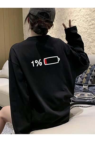 Le Savu Світшот з чорним принтом Low Charge %1 та велосипедним коміром