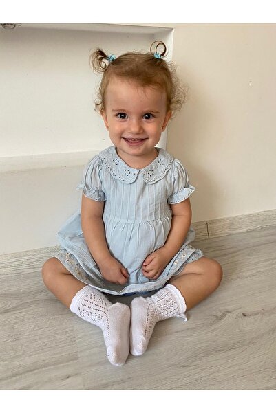 Moonstar Mavi işlemeli bebe yaka elbise