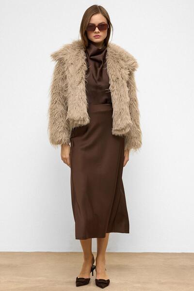 Olcay Oversize Long Fur Faux Fur Coat Stone 1011