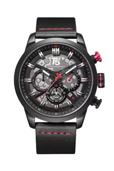 T5 Saat T5 Men's Wristwatch – Black Leather Band – Black Case – Red Detailed Skeleton – Multifunctional