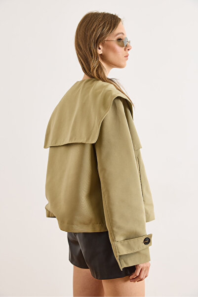 Olalook Women's Light Khaki Collar Cuff Detailed Pocketed Crop Trench Coat Trc-00000011