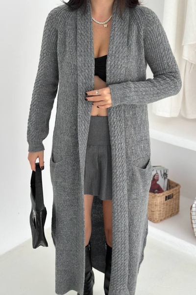 Ded COLLECTION Kadın Yumuşak Dokulu Cepli Örgü Diz Altı Uzun Triko Hırka