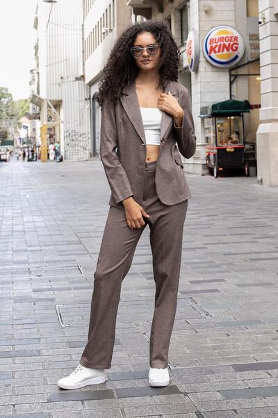 Jument Women's Herringbone Patterned Collar Pocket Flap Long Sleeve Blazer Jacket-Brown Herringbone