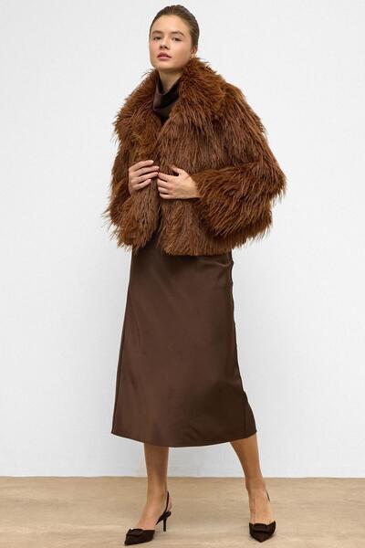 Olcay Oversize Long Fur Faux Fur Coat Taba 1011