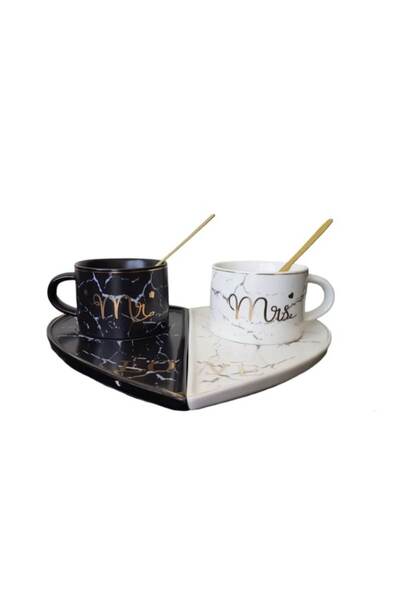 Malooki Set of 2 mugs White/Black/Gold with spoons and heart-shaped saucers - Luxury Collection