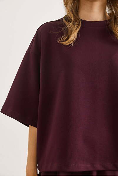 Olalook Γυναικείο μπλουζάκι με λαιμόκοψη μπορντό Oversize Interlock TSH-19000936