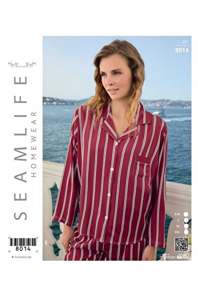 seamlife Set de pijamale cu mâneci lungi, cu nasturi, cu dungi, burgundy, pen...