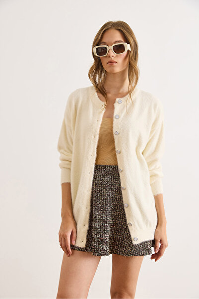 Olalook Women's Ecru Crew Neck Button Detailed Long Beard Cardigan Hrk-19000413