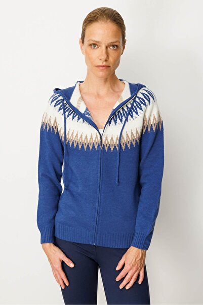 Desen Triko Women's Hooded Robe Argyle Cardigan Blue