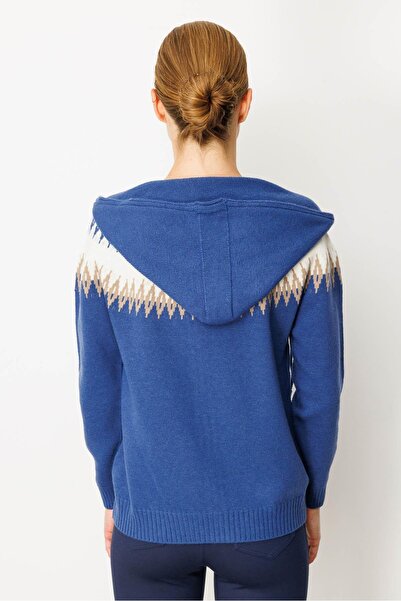 Desen Triko Women's Hooded Robe Argyle Cardigan Blue