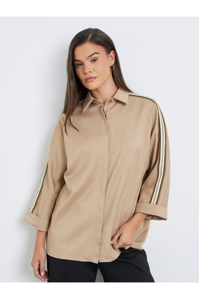 Styli Women Beige Relaxed Fit Shirt with Taping Sleeve