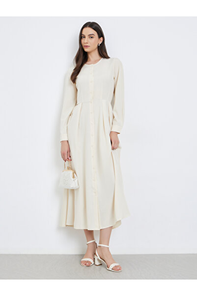 Take Two By Styli Beige Pleated Buttoned A-Line Midi Dress