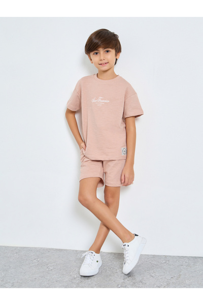 Styli Boys Beige Cotton T-Shirt and Shorts Set