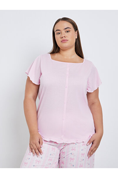 Styli Plus Square Neck Lettuce Hem Top and Bow Print Pyjama Set