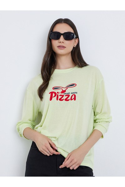 Take Two By Styli Green Embroidered Pizza Slogan T-Shirt