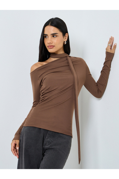 Styli Brown Knit Top with Tie Neck Detail