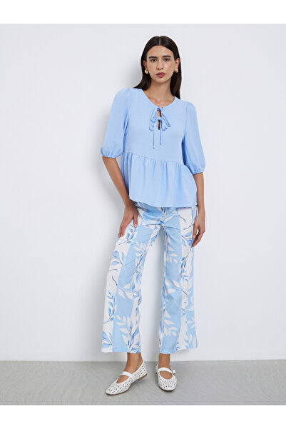 Take Two By Styli Blue Ruffle Hem Top and Floral Print Pants Co-Ords