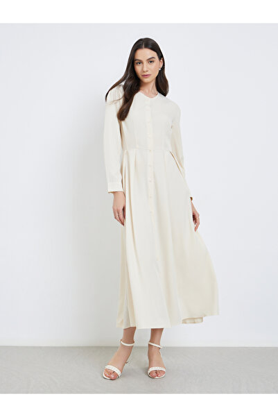 Take Two By Styli Beige Pleated Buttoned A-Line Midi Dress