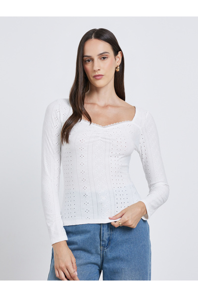 Styli White Eyelet Long Sleeve Top
