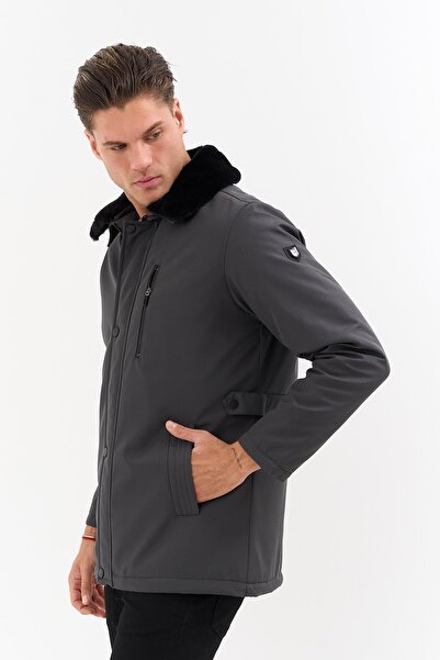 SİVAİST Men's Grey Detachable Collar Fur Water-Repellent Fur-Lined Coat – Windproof, Lightweight and Durable
