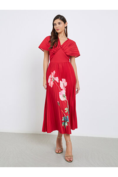 Styli Red Floral Pleated Midi Dress
