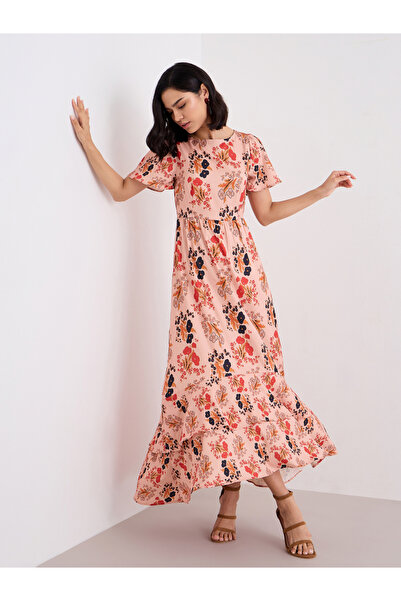 Styli Peach Floral Print Layered Maxi Dress