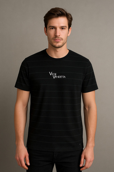 MODA Tricou negru unisex V pentru Vendetta Movie cu imprimeu Stripes guler ro...