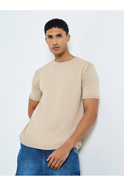 Styli Men Beige Round Neck Flat Knit T-Shirt