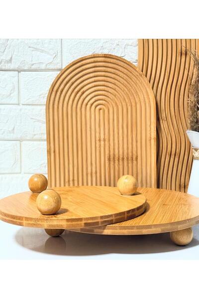 ALLEGRI Bambu Yuvarlak Top Ayaklı Sunumluk Pasta Kek Peynir Servis Tabağı 30 CM