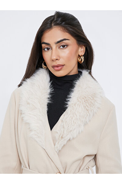 Styli Cream Wool Like Belted Coat with Faux Fur