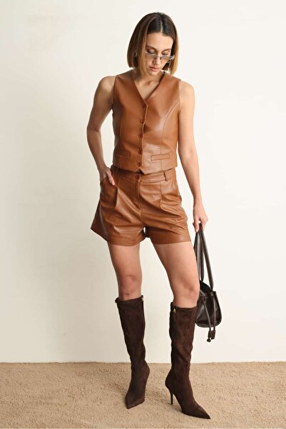Swass Leather Vest-Shorts Set Brown