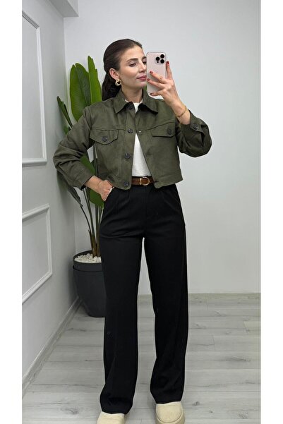 TUNAM BUTİK 2338 سترة بومبر بتفاصيل أزرار من جلد النوبوك باللون الكاكي