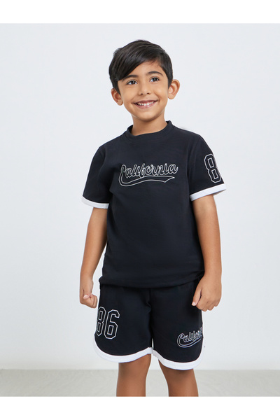 Styli Boys Black Cotton Graphic T-Shirt and Shorts Set