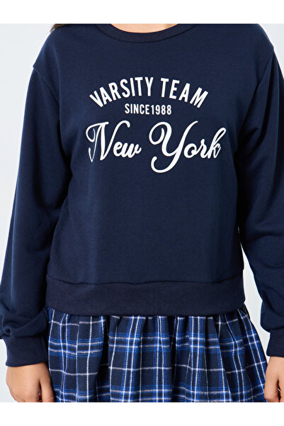 Styli Teen Navy Blue Varsity Sweatshirt Dress