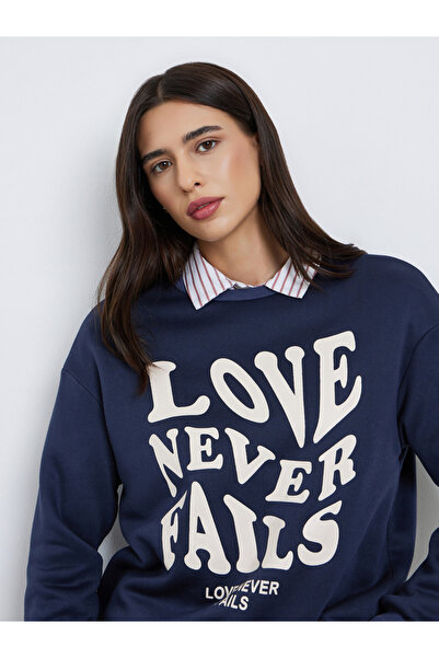 Take Two By Styli Navy Blue Slogan Print Relaxed Fit Sweatshirt