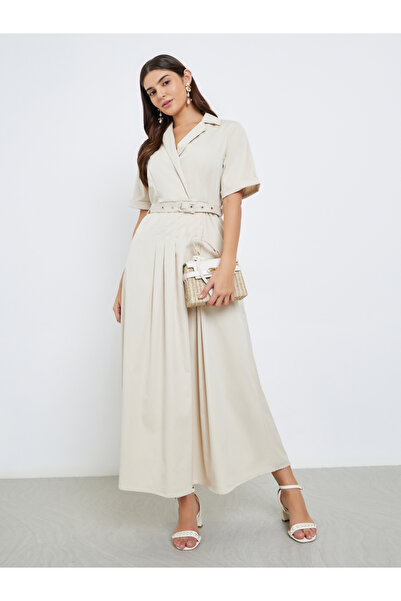 Styli Notch Lapel Belted A-Line Maxi Dress