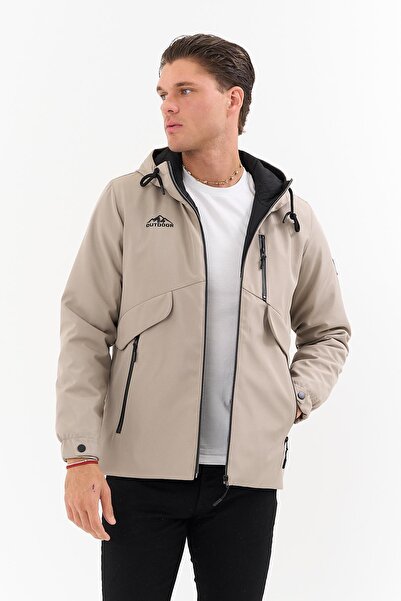 SİVAİST Men's Cream Outdoor Water-Repellent Hooded Coat – Windproof, Lightweight, and Durable
