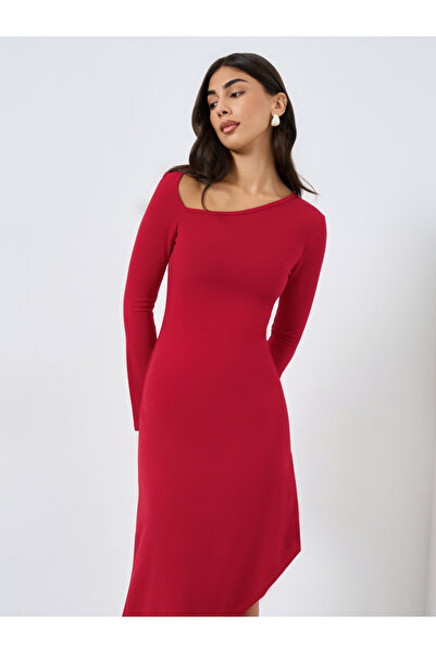 Take Two By Styli Solid Long Sleeve Asymmetric Hem Midi Dress