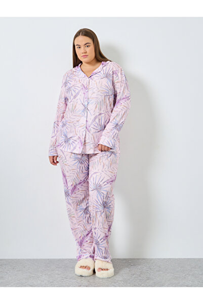 Styli Plus Size Tropical Print Shirt and Pyjama Set