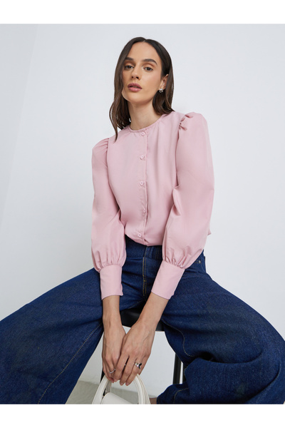 Styli بلوزة سادة بأكمام منفوخة وأزرار