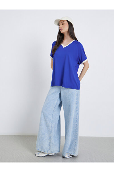 Take Two By Styli Navy Blue Oversized V-Neck T-Shirt