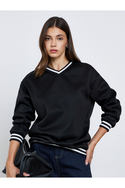 Take Two By Styli Black Striped V-Neck Sweatshirt