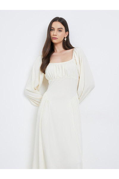 Take Two By Styli Beige Balloon Sleeve A-Line Midi Dress