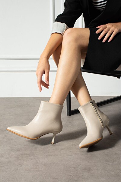 ShoeTek Cizme de damă Reva, cu toc subțire, cu fermoar, piele bej