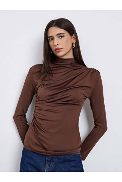 Take Two By Styli Brown High Neck Ruching Detail Long Sleeve Top