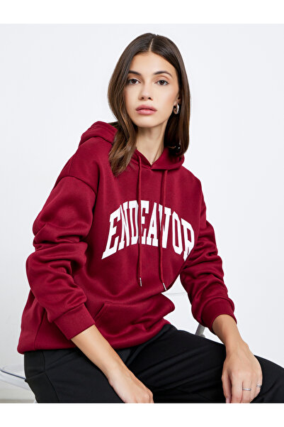 Take Two By Styli Burgundy Slogan Print Oversized Hoodie